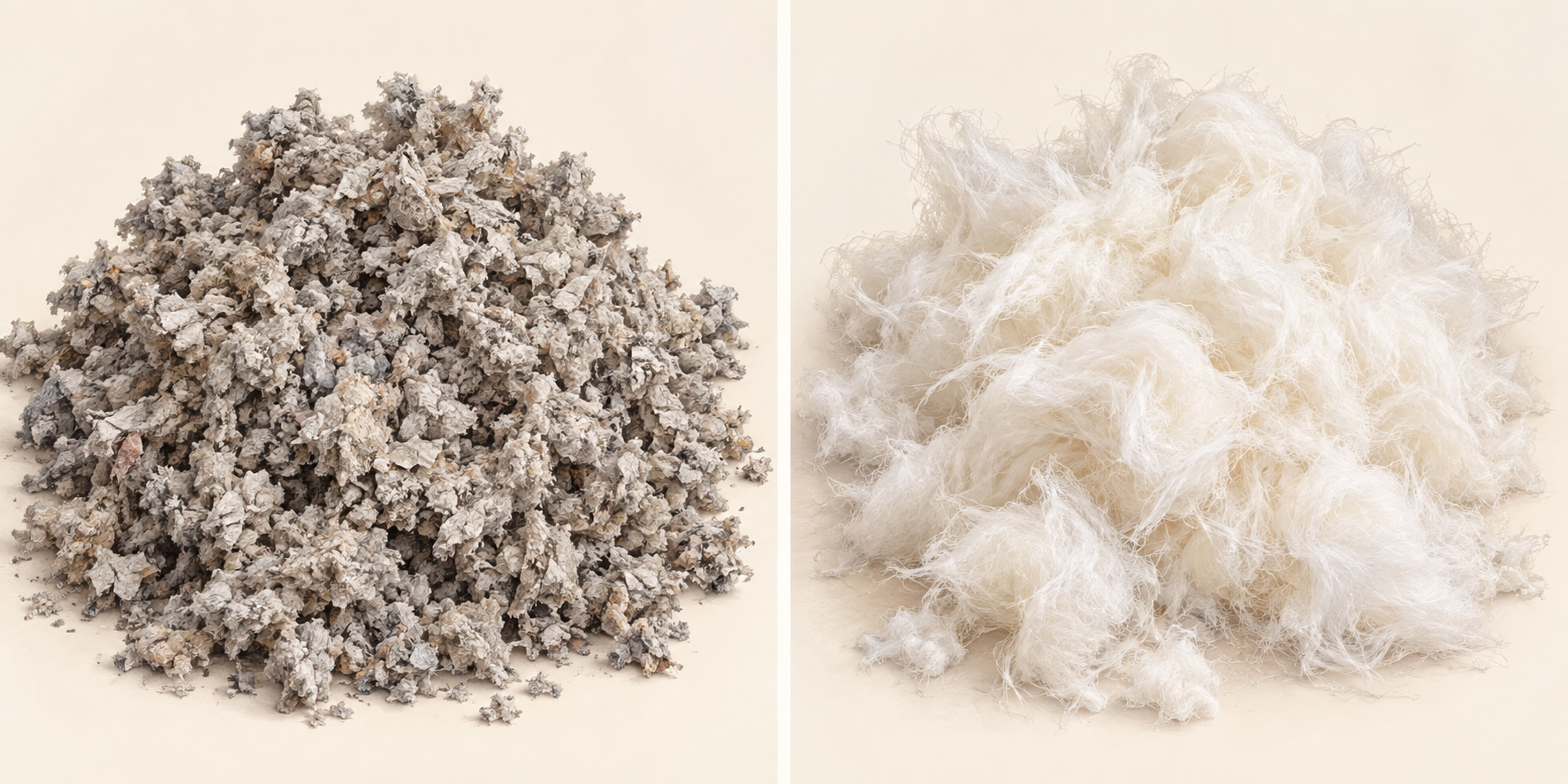 Illustration comparative : à gauche, la cellulose présente de petits fragments gris-beige; à droite, la fibre de verre soufflée forme des flocons clairs aux fibres fines.