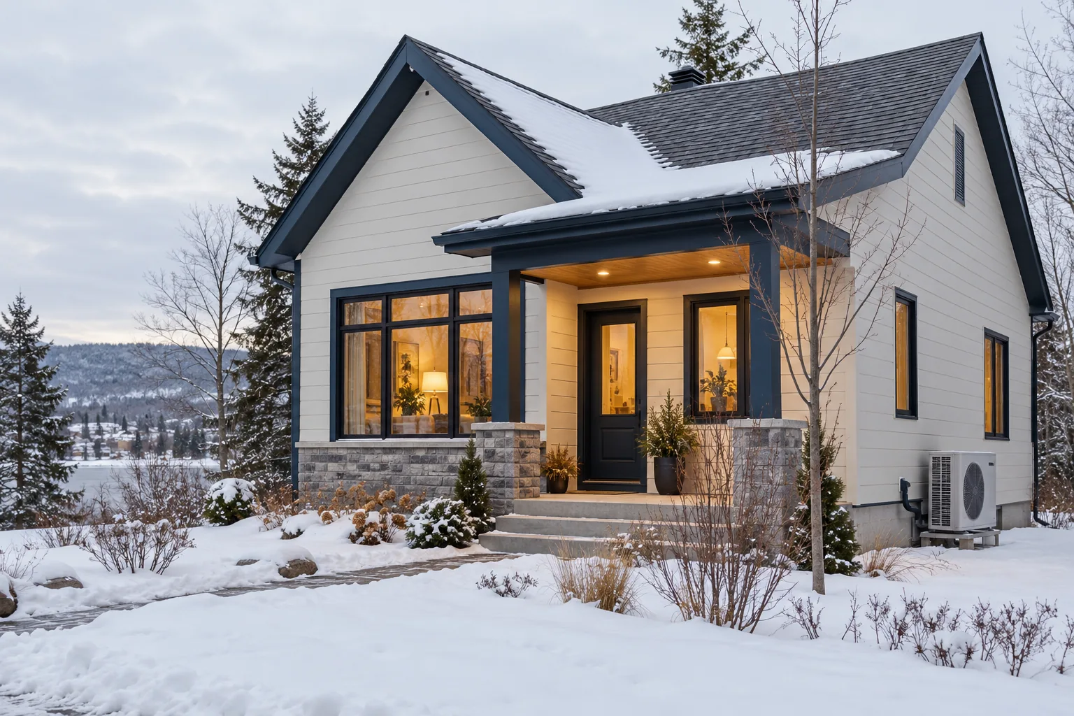 Maison québécoise en hiver avec une thermopompe extérieure